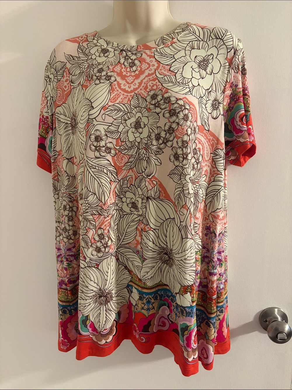 Johnny Was Coral, Cream & Pink Floral Short Sleeve Tunic